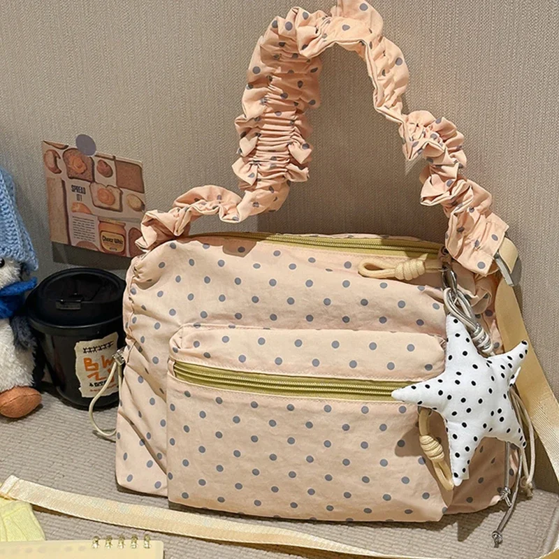 Koreanische Umhängetasche aus Segeltuch mit Polka Dots, leichte, lässige Damen-Umhängetasche für den Sommer, süße, niedliche, vielseitige Pendler-Handtasche – Detail 14