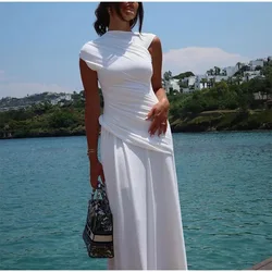 Fashion Sleeveless O Neck Maxi Vestido 2025 New Summer Party Lady Robe Elegant Solid Pleated Patchwork Slim Fit Dress For Women