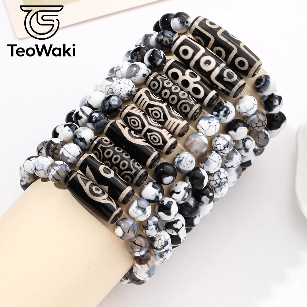 TeoWaki Natural Crackle Agate Bracelet Men Women 10x30mm Bar with White Gray Round Beads Stretch Bracelet Jewelry Gift 19cm