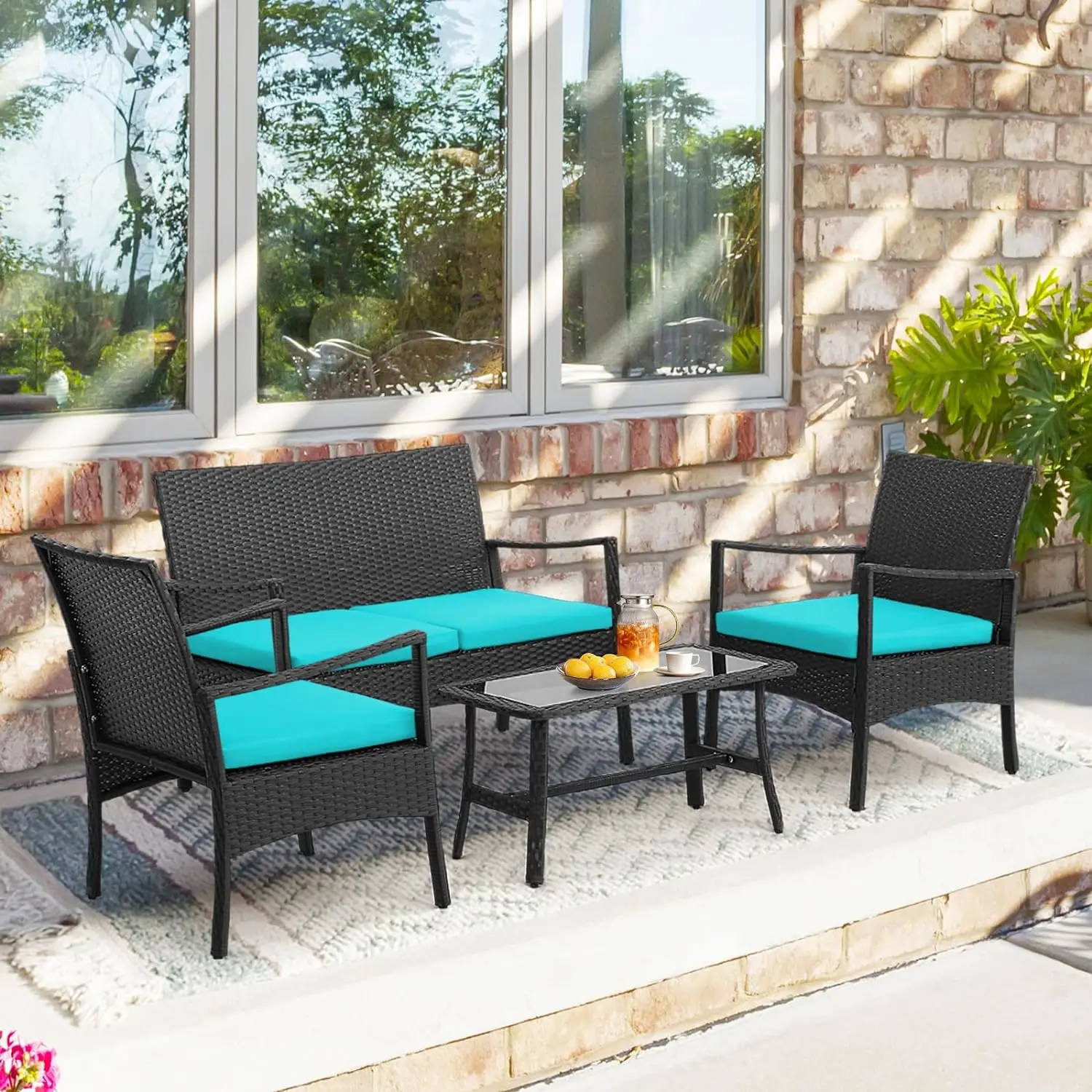 4Pieces Rattan Conversation Set, Patio Sofa Couch Set w/ Tempered Glass Coffee Table, Seat Cushions, Outdoor Wicker Loveseat Set