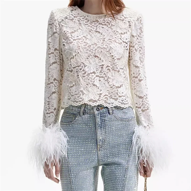 Women's t-shirt 2024 Autumn New Fashion feather decorated women's long sleeved top Lace flower embroidered round neck pullover