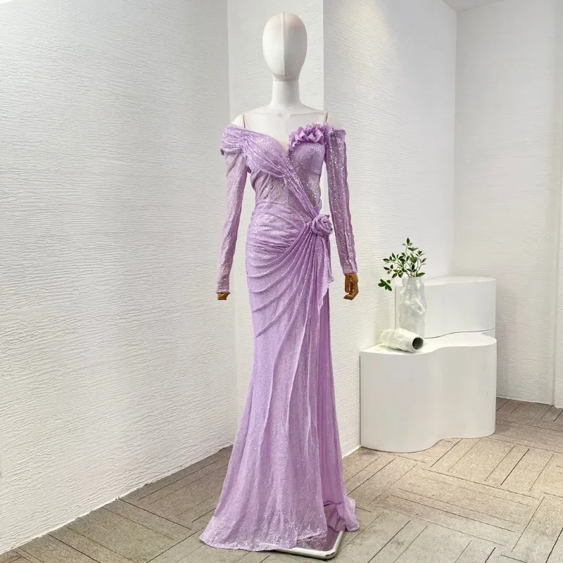 Purple Violet Sequined Lace  Long Sleeve Off The Shoulden Appliqued Floor Length Long Maxi Heavy Dresses for Party