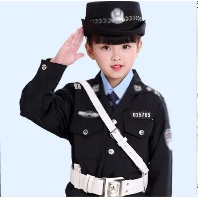 Police Uniform Boy Performance Clothing Include Jacket Pant  Belt Hat Traffic Cosplay Suit Spring