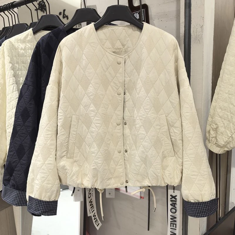 

Корейский дизайн: модная куртка-пэчворк в клетку с ромбовидным узором из хлопка для мужчин и женщин, осенне-зимнее теплое хлопковое пальто-оверсайз, верхняя одежда