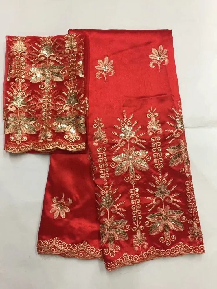 

Gold Red 5yards African George Fabric +2yards French Sequin Net Lace Sets High Quality Afican George Lace Fabric For Wedding