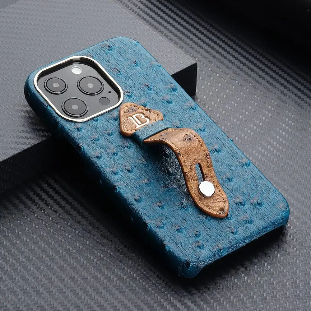 Hand Wrist Strap Stand Ostrich Leather Case For iPhone 14 13 11 12 Pro Max Mini XR X XS 14 Plus Retro PC Hard Shockproof Cover