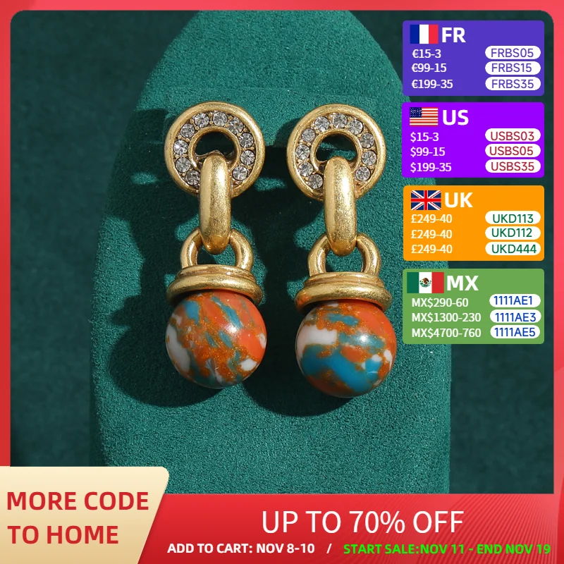 

Vintage Natural Stone Ball on Nautical Maps Dangle Earrings for Women Gold Color Pendant Antique Jewelry New Accessories 2024