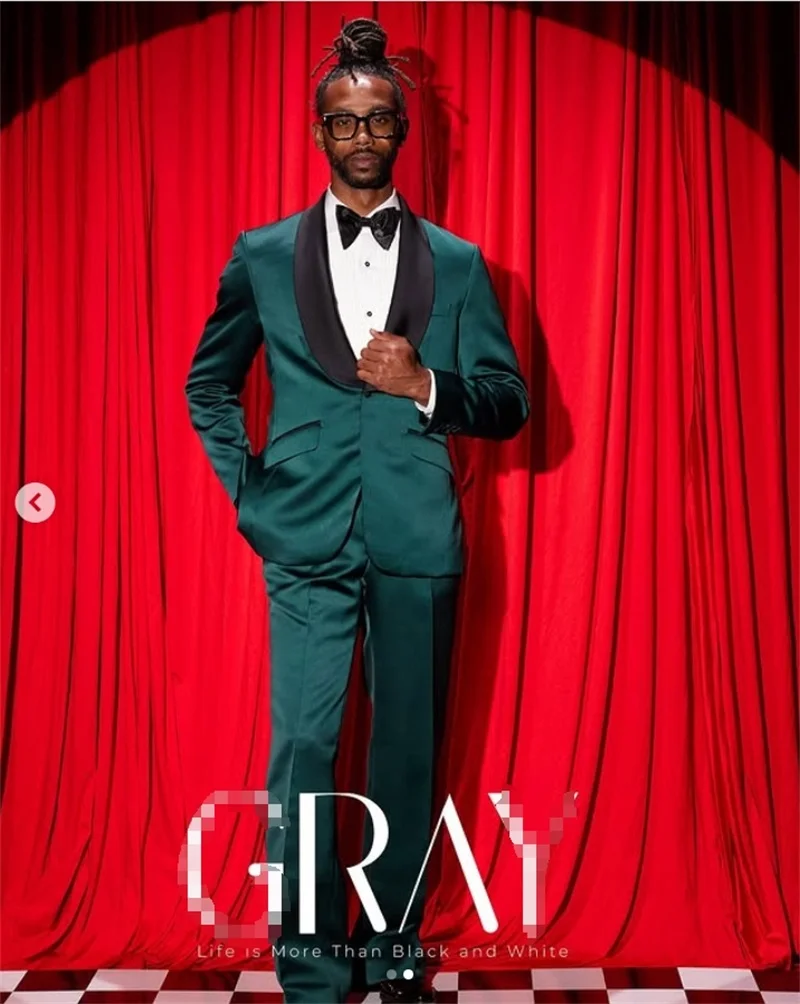 الأخضر الساتان الرجال الدعاوى مجموعة 2 قطع السترة + السراويل بنطلون الزفاف البدلات الرسمية سترة رسمية مزدوجة الصدر مكتب الأعمال الذكور معطف