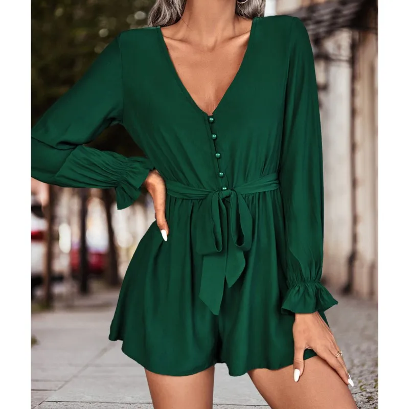 

New Women's V-neck Long Sleeved Solid Color Loose Waistband Jumpsuit Women's Green Three Part Pants Elegant Versatile Jumpsuit