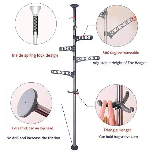 

Adjustable 4-Level Floor-To-Ceiling Metal Clothing Drying Rack With Rotating Hangers And Non-Slip Top Pad Grey