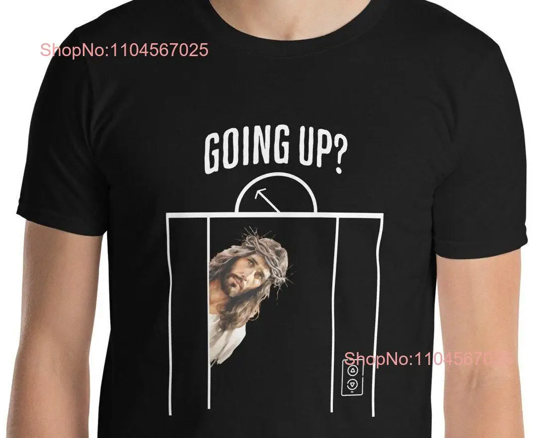 Jesus in Elevator Going Up meme unisex t Shirt Humorous take on Christ is Risen or he rizzen to Heaven for Easter all year