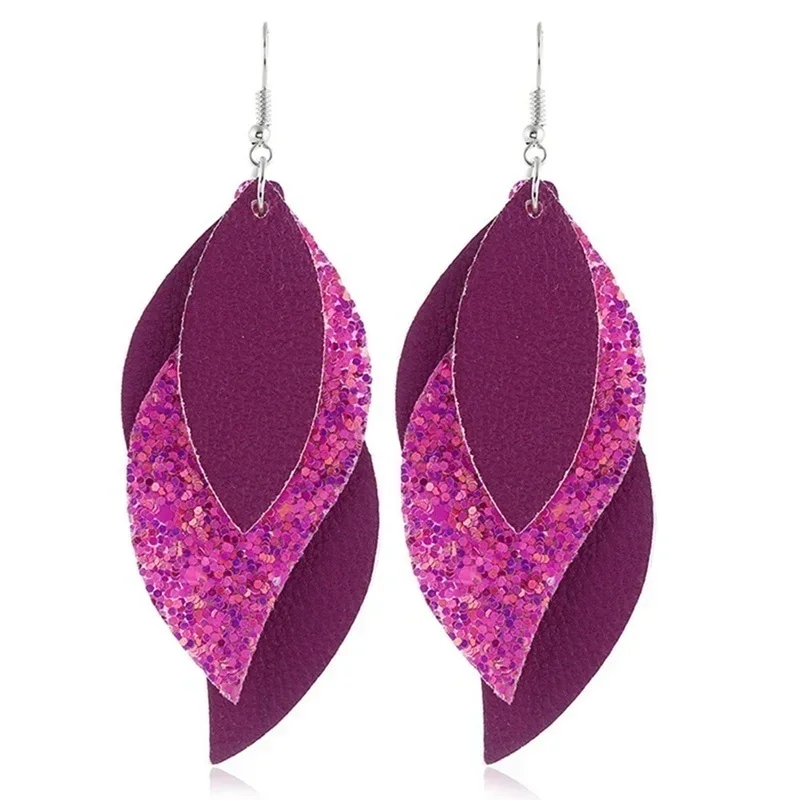 Delysia King Women Trendy Versatile Leather Earrings Three Layers Litchi Pattern Sequin Earring