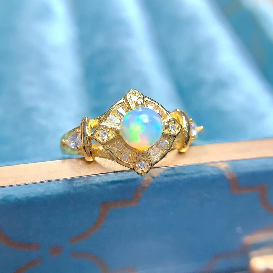 18K Gold Plated 925 Silver Opal Ring 5mm Natural Australian Opal Ring for Party Women Birthday Gift