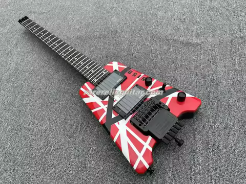 Promotion Ship Out Fast Eddie Van Halen 5150 Red White Black Stripes Headless Electric Guitar Rosewood Fretboard Dot Inlay Tremo