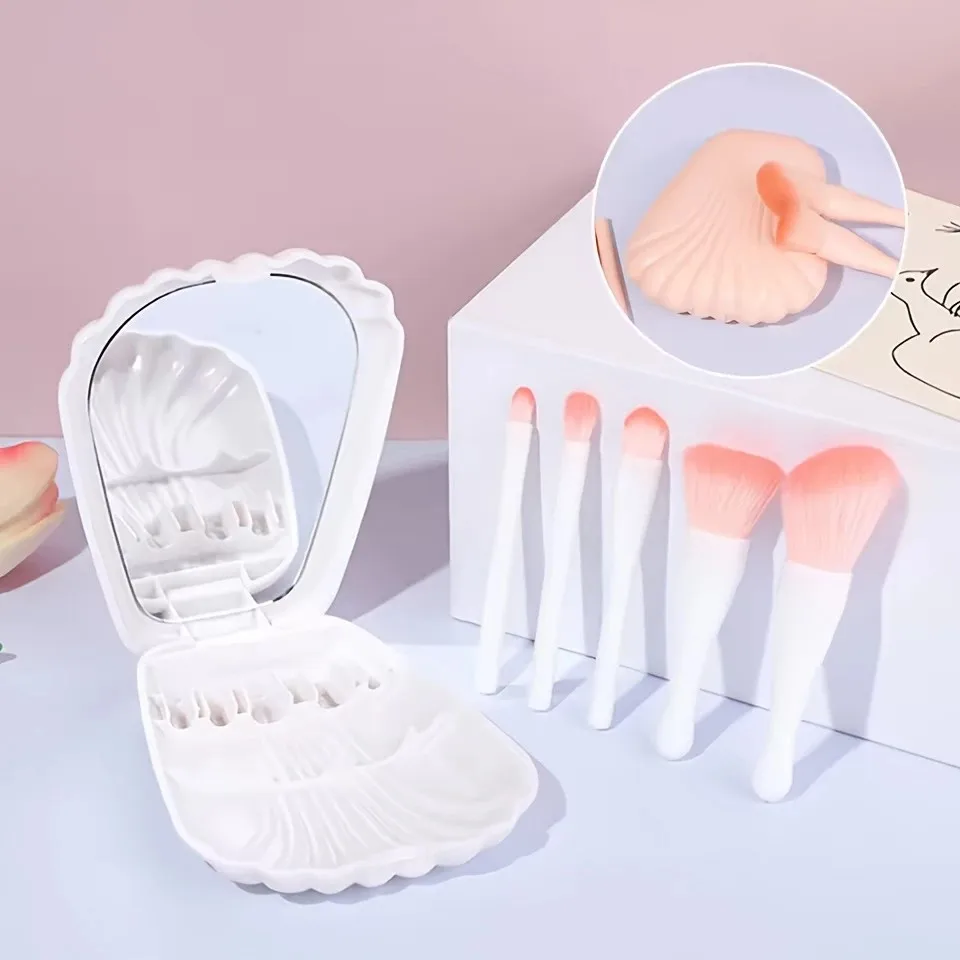 Set di pennelli per trucco da 5 pezzi con specchio - Pennelli per fondotinta/correttore/ombretto/blush sintetici premium |   Kit iniziale completo