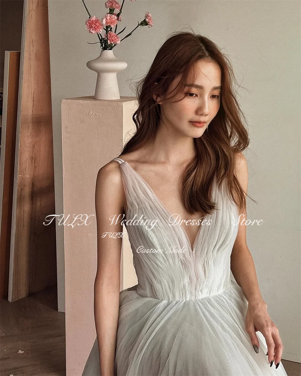 TULX Fairy Deep V-Neck Gradient Evening Dress Korea Wedding Dress Photo Shoot Tulle A line Long Party Dress Corset Customized