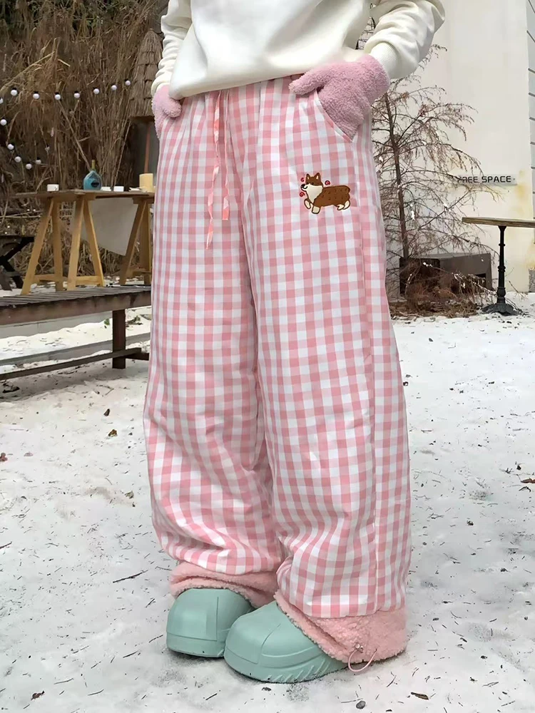 Winter Fleece Wide Leg Plaid Pants for Women Korean Cute Puppy Embroidery Loose Casual Pants Thick Warm Preppy Straight Trousers