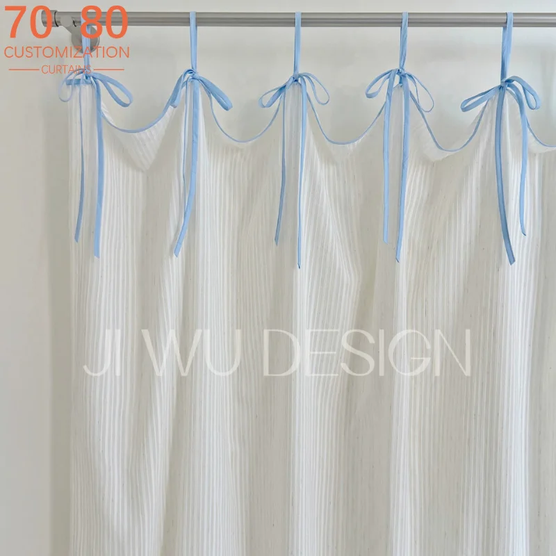 Custom Blue Strap White Cotton Linen Vertical Curtains for Living Room Bedroom Partition Curtain Door Curtain Finished Product