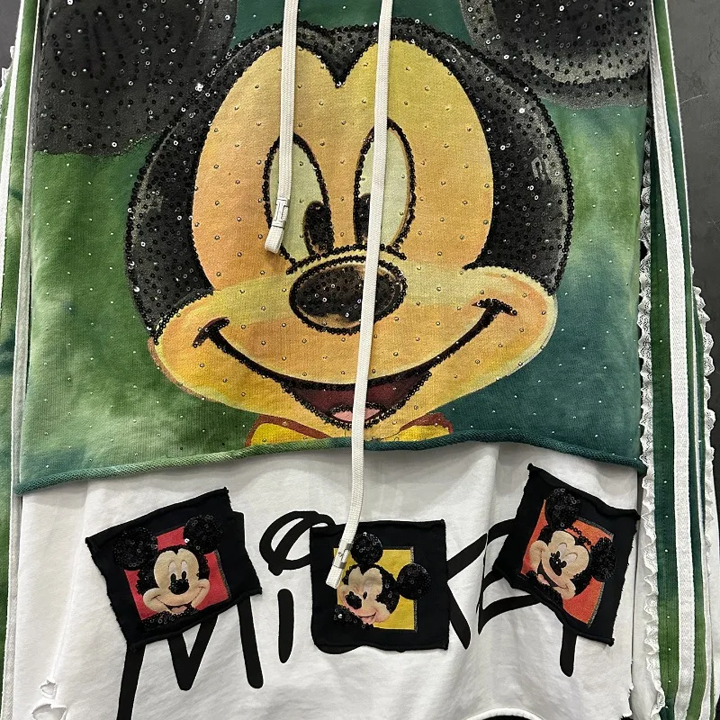 Autumn New Heavy Industry New Style Distressed Fake Two-Piece Cartoon Top Hoodies For Women's Loose Casual Versatile Top Jacket