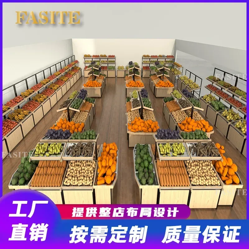 For Supermarket Stainless Steel and Wood Fruit Vegetable Display Rack Heavy Duty Grocery Store Produce Shelf Organizer