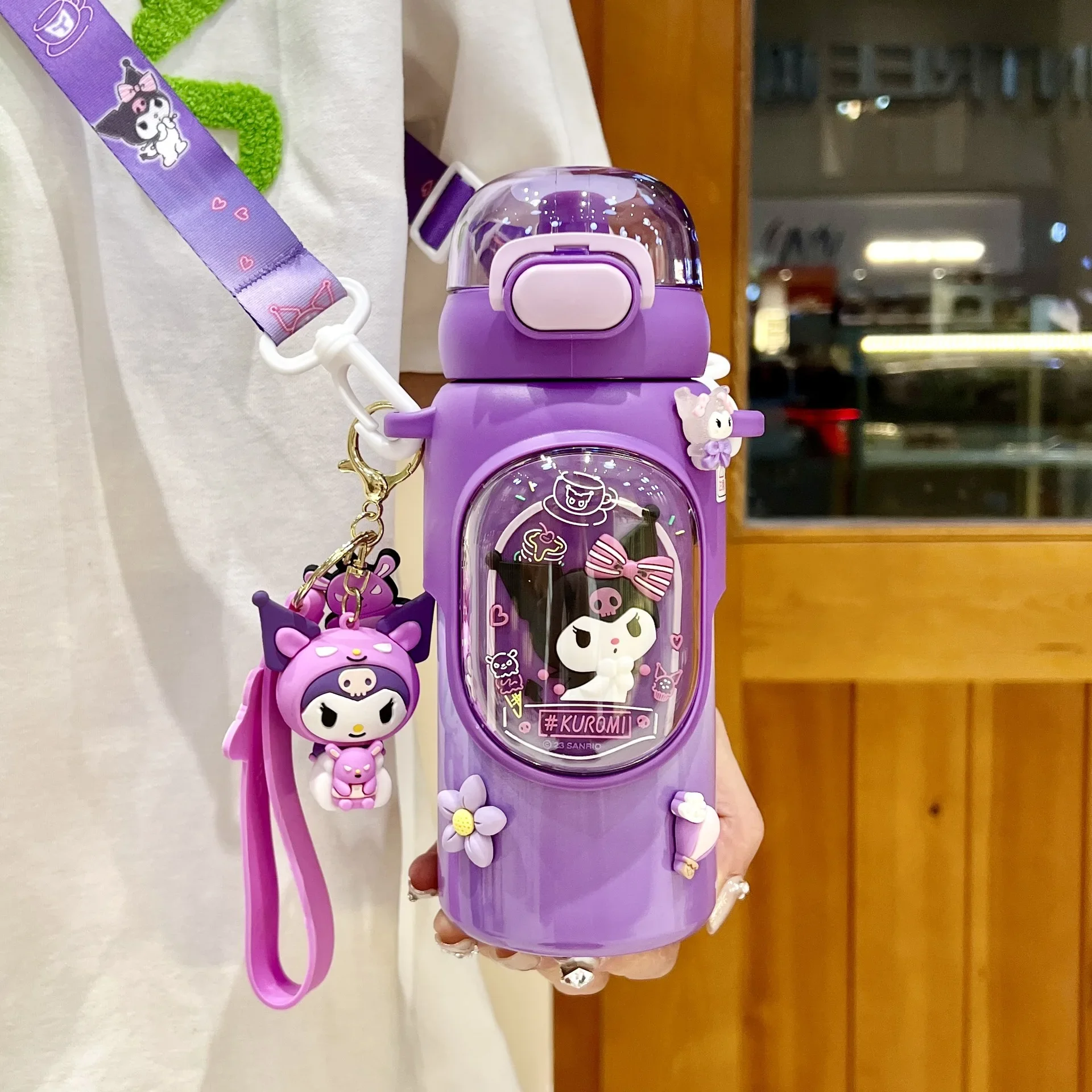 Girl Straw Kettle Crossbody Stainless Steel Kawaii 500ml Sanrio Kuromi Children Thermos Bottle Primary School Student Water Cup