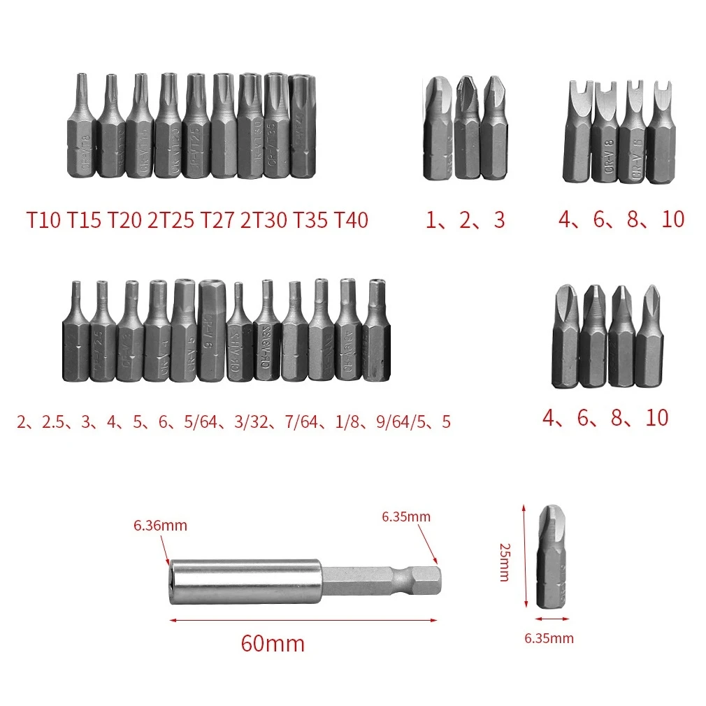 33pc electric screwdriver head cross hexagonal alien bits twist screw extension rod tool accessory set