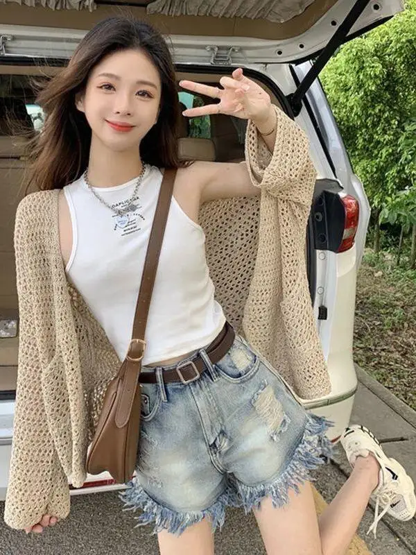 Women's Loose Knitted Long Sleeve Cardigan Lightweight Air Conditioning Top Breathable Hollow out Design Spring Summer Outerwear