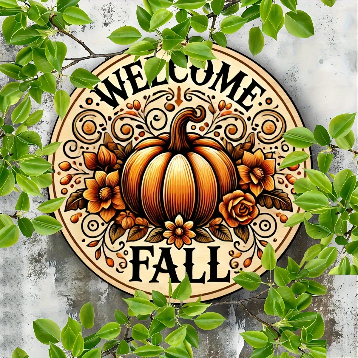 علامة ألومنيوم لإكليل اليقطين المستدير من Welcome Fall - ديكور موسمي مقاس 8 × 8 بوصة للمنزل والحديقة