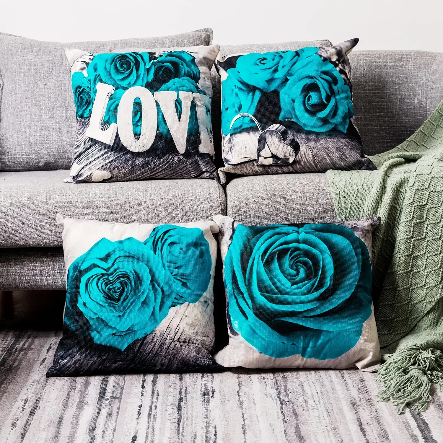 Light Blue Rose Linen Pillowcase 40*40 Living Room Sofa Cushion Cover 60*60 Home Decoration Pillowcase Valentine's Day Gift