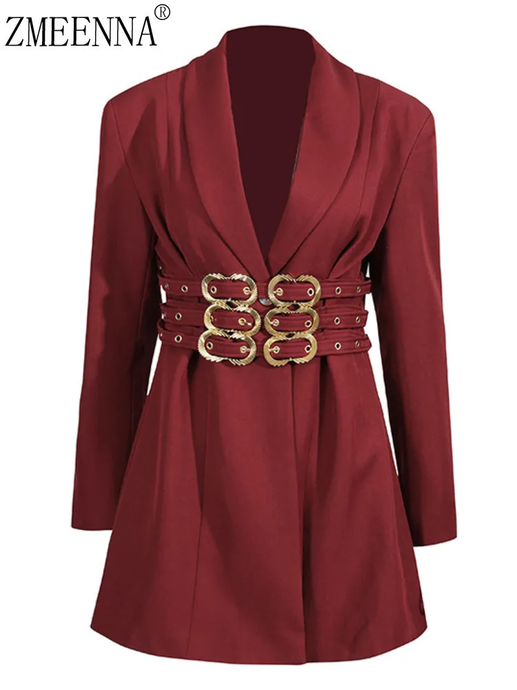 

ZMEENNA White Blazer For Women With Gold Buckle Belt Stylish Short Jacket Office Outerwear Elegant Party Coat ZM4068