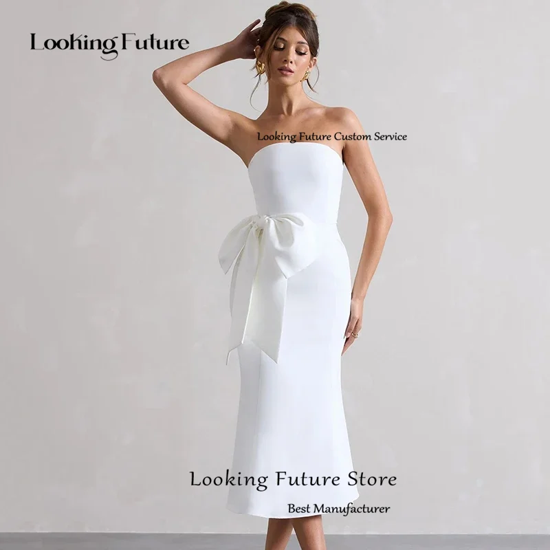 Simples sereia vestidos de casamento branco, sem alças, vestidos de noiva sem mangas, Sexy costas abertas, Zipper, plissado Bow, Mid-Calf vestidos de casamento