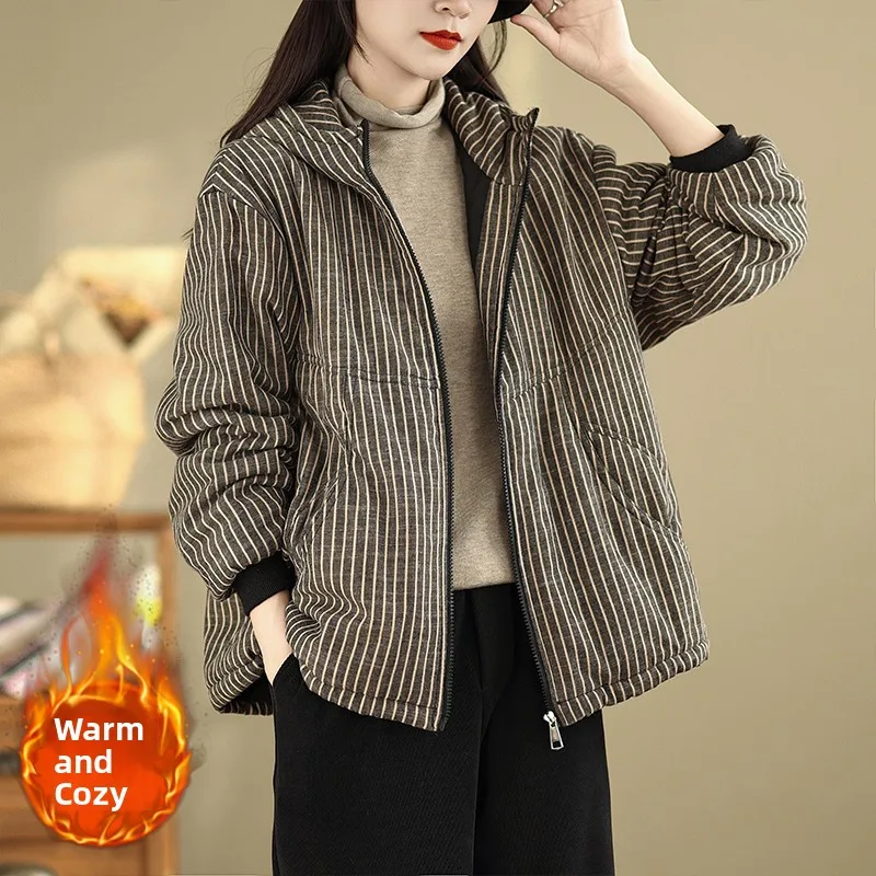 

Faionable полосатый хлопковый топ с капюшоном, верхняя одежда для женщин, осень-зима, новая теплая свободная хлопковая одежда