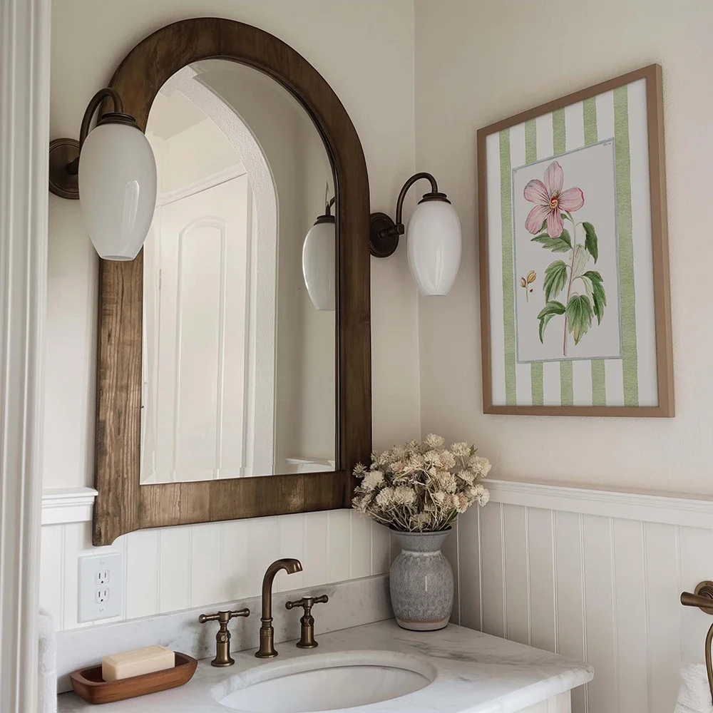 Set of 2 Striped Botanical Wall Art Prints Grandmillennial Green and Pink Floral Prints Vintage-Inspired Kitchen Bathroom Decor