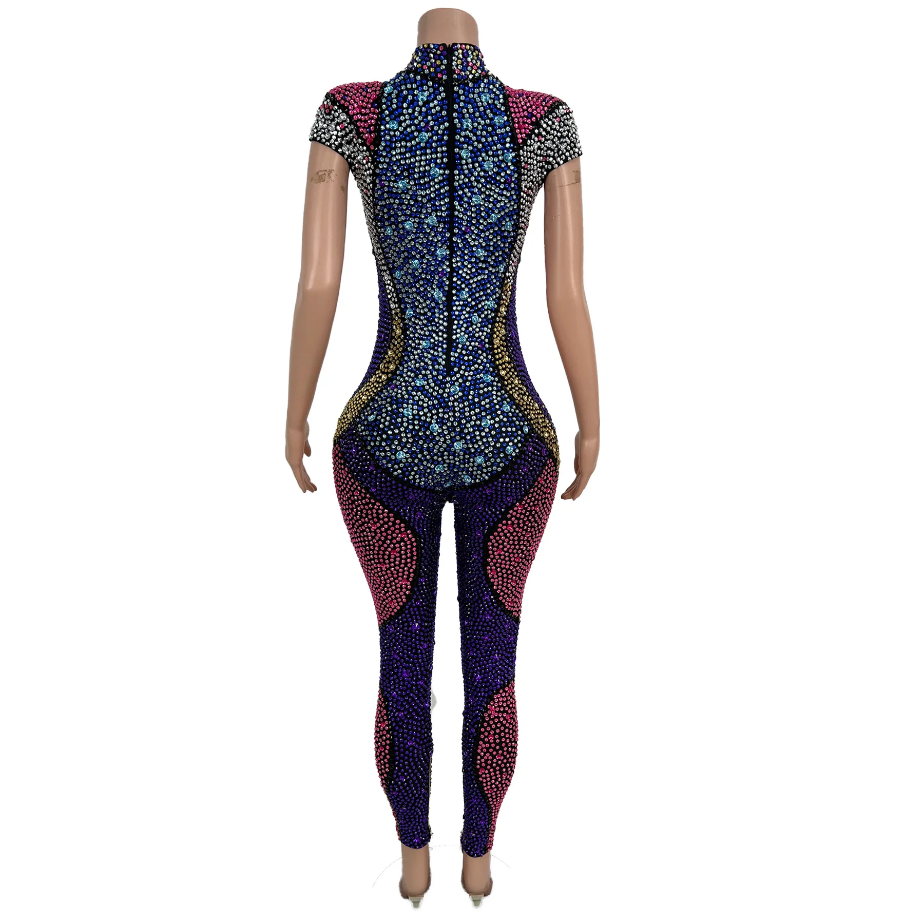 Sparkly Rhinestone Tight Fitting Jumpsuit With Gloves Bodycon Outfit Women Singer Circus Stage Performance Costume Hongtaozi
