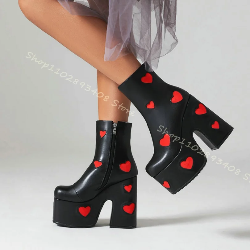 

Heart Shape Platform Ankle Boots Black Round Toe Side Zipper Chunky High Heels Women Autumn Party Shoes 2023 Zapatos Para Mujere