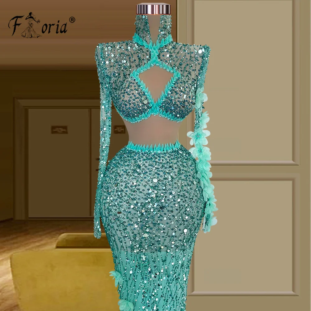 Elegante frisado lantejoulas sereia vestidos de noite flores verdes apliques ver através do chão Prom vestido Robe De Soiree Femme