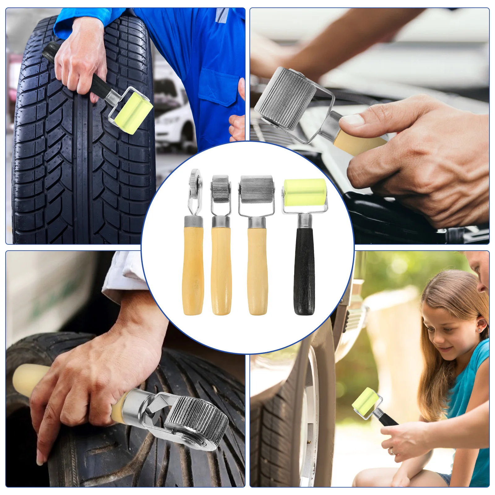 

4Pcs Car Sound Deadening Roller Tire Repair Tools Ergonomic Wood Handle Metal Rollers Durable Auto Noise Deadener Smooth Rolling