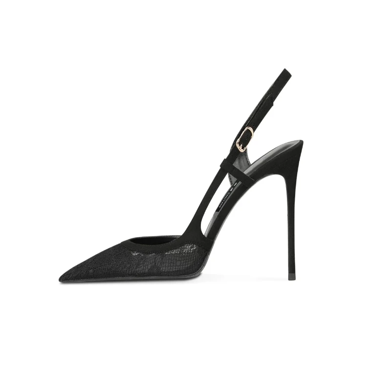 New Women Elegant Lace Mesh Pointed Toe Stiletto High Heel Sandals, Single Strap Back Strap Party Dress Shoes