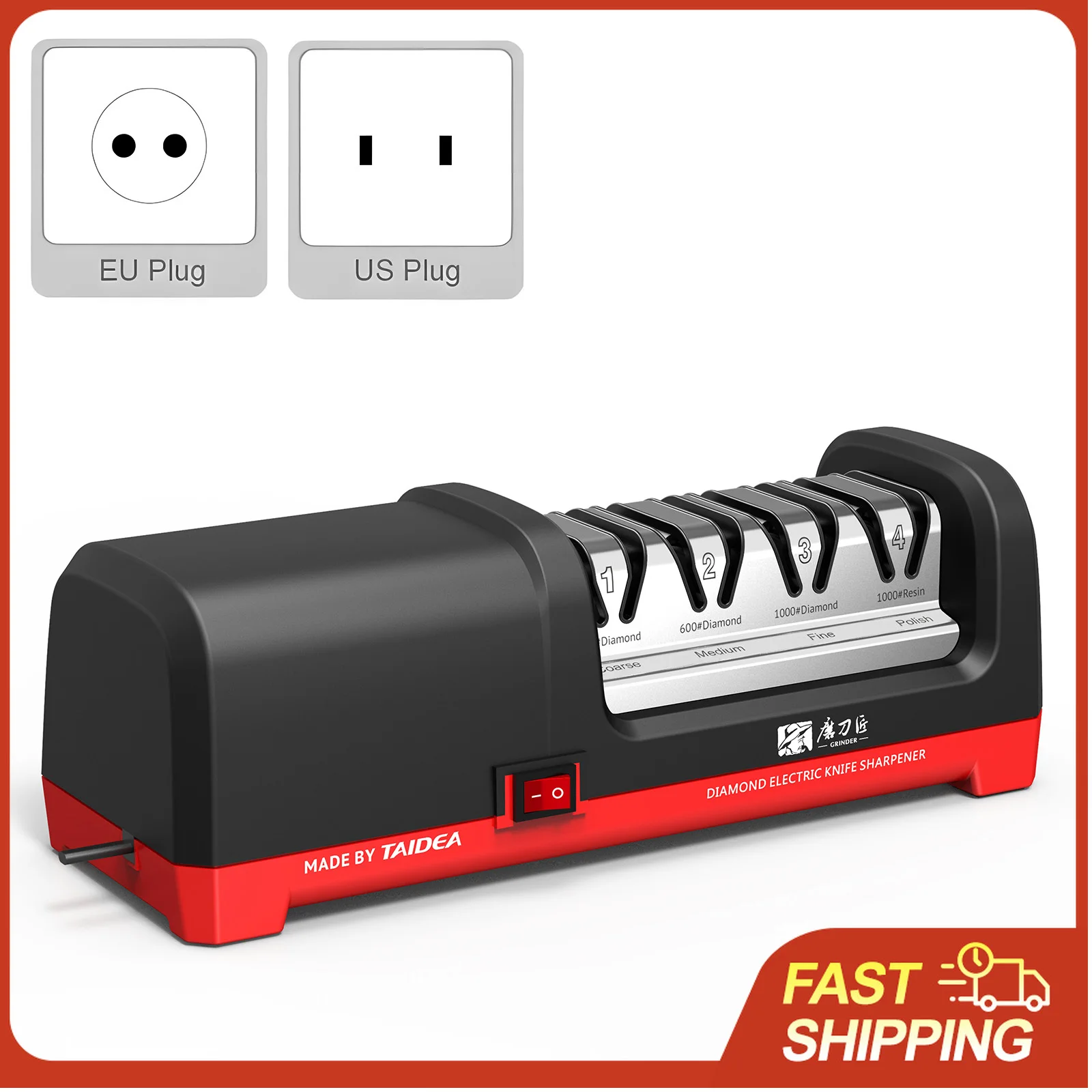 

Электрическая точилка для ножей 18 Вт с 4-ступенчатыми алмазными колесами, 2800 об/мин, 20 ° Угломер для кухонных и керамических ножей