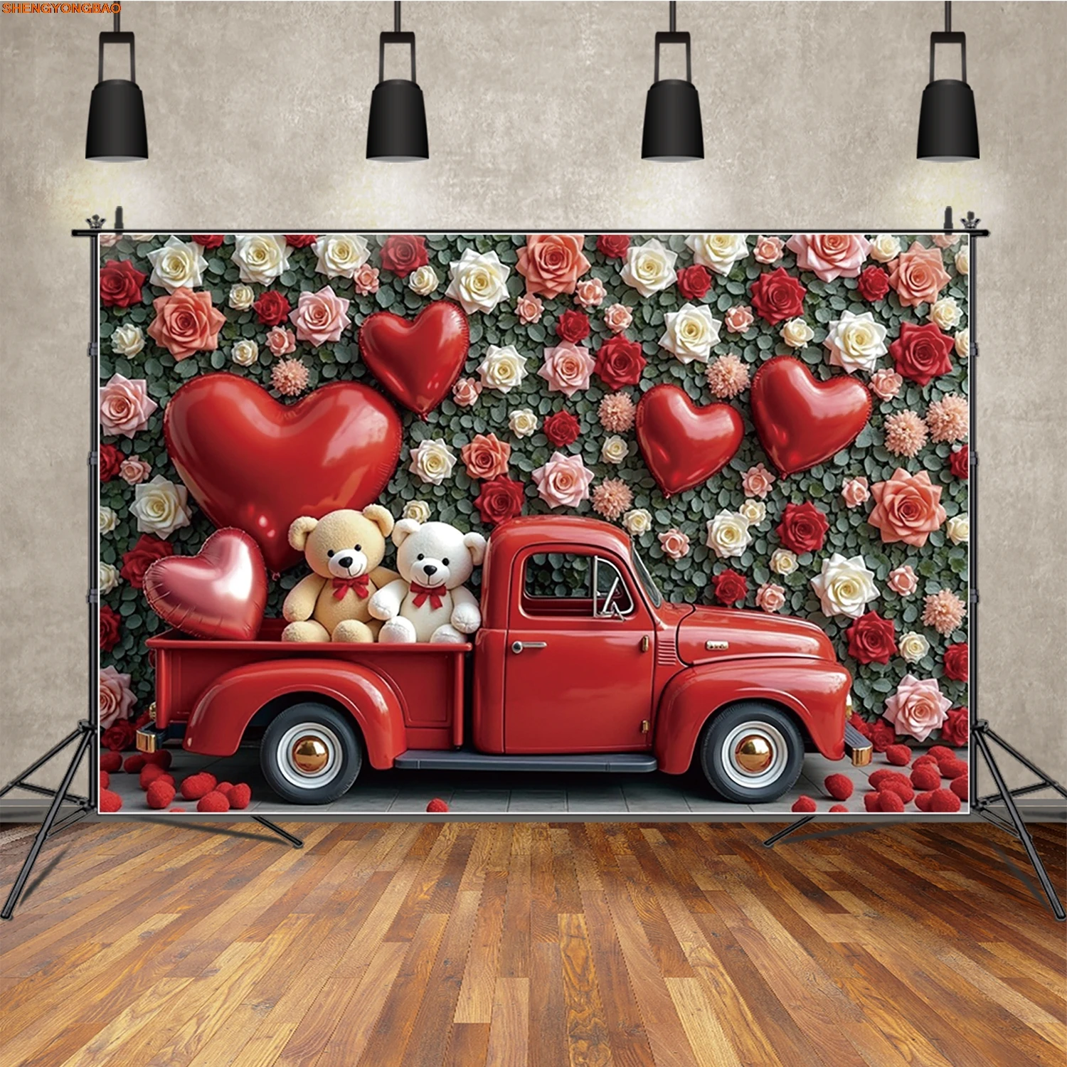 

Valentine's Day Photography Background Car Red Heart Teddy Bear Photocall Backdrop Couple Lover Studio Photobooth Sets