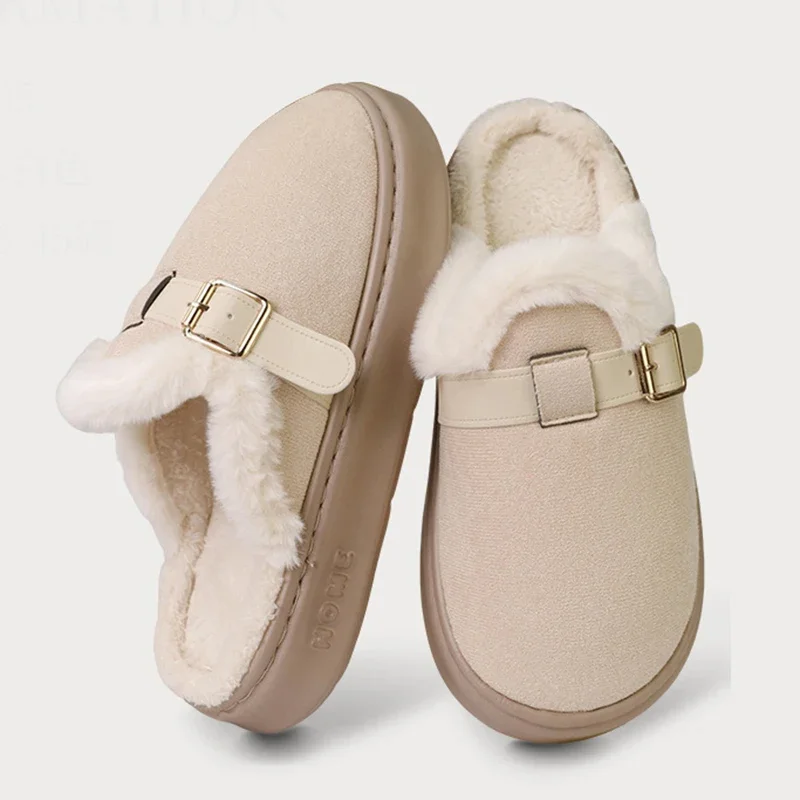 Winter-Plüsch-Pantoffeln für Damen mit Schnalle, Dicker Plüsch, Warme Flauschige Hausschuhe, Rutschfeste Baumwollschuhe für Draußen – Detail 9