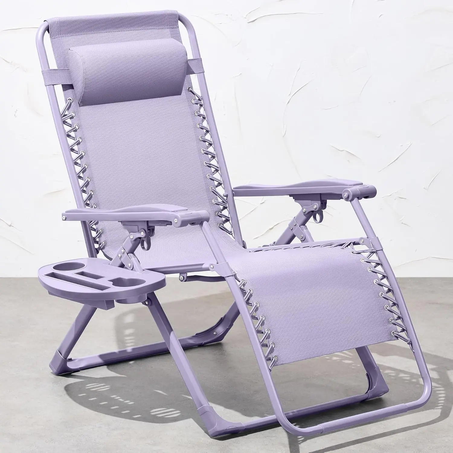 Adjustable Zero Gravity Chair, Monochromatic Color Folding Patio Recliner w/Side Tray, Headrest - Lavender