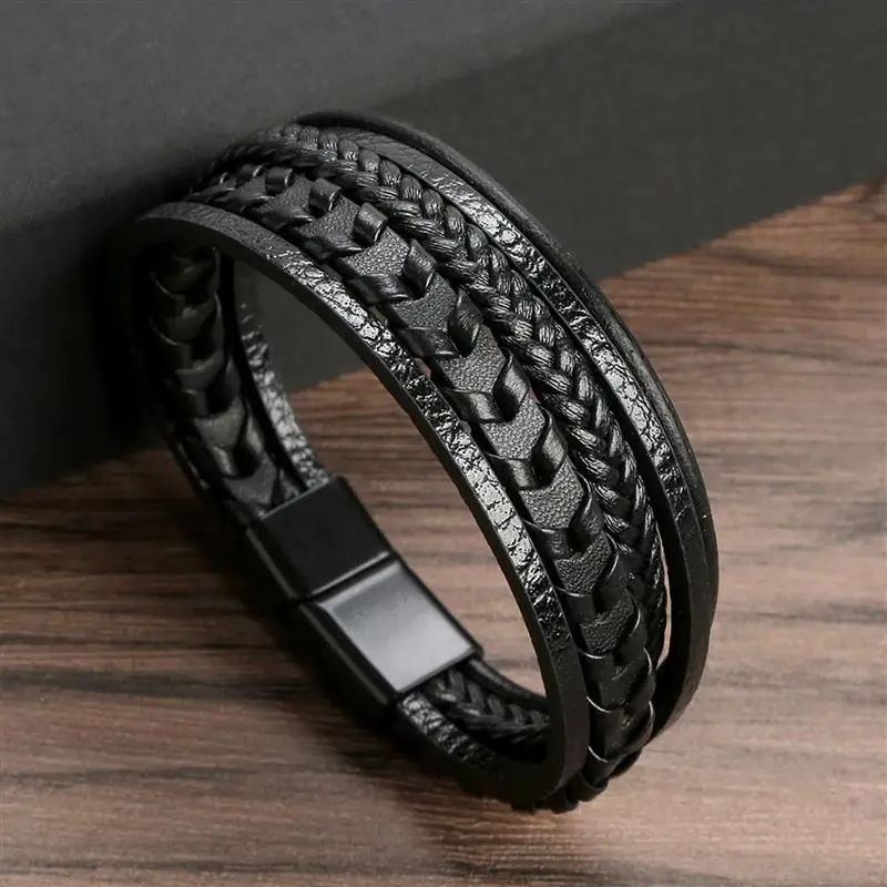 Classic Hand-Woven Leather Bracelet 19/21/23cm Multilayer Leather Men Bracelets Punk Bangle for Friend Charm Jewelry Gifts