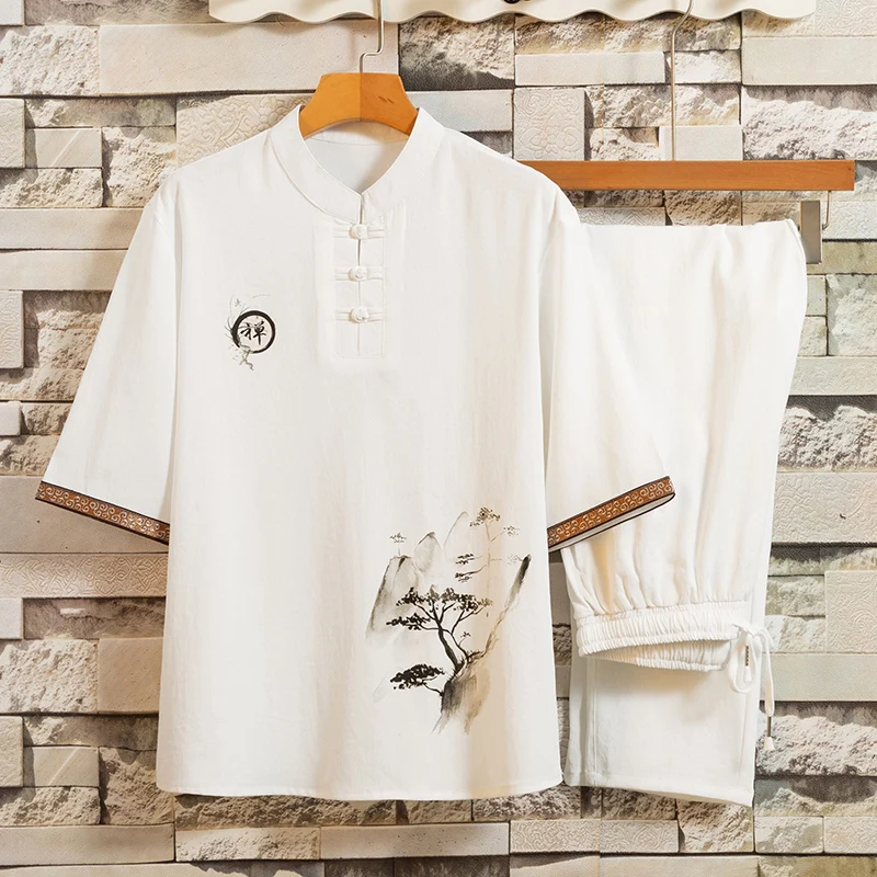

2025 new Men Linen Embroidery Hanfu Cotton Sets Chinese Style Suit Male Traditional Tang Kung Fu Taichi Top Pants Summer Men y2k