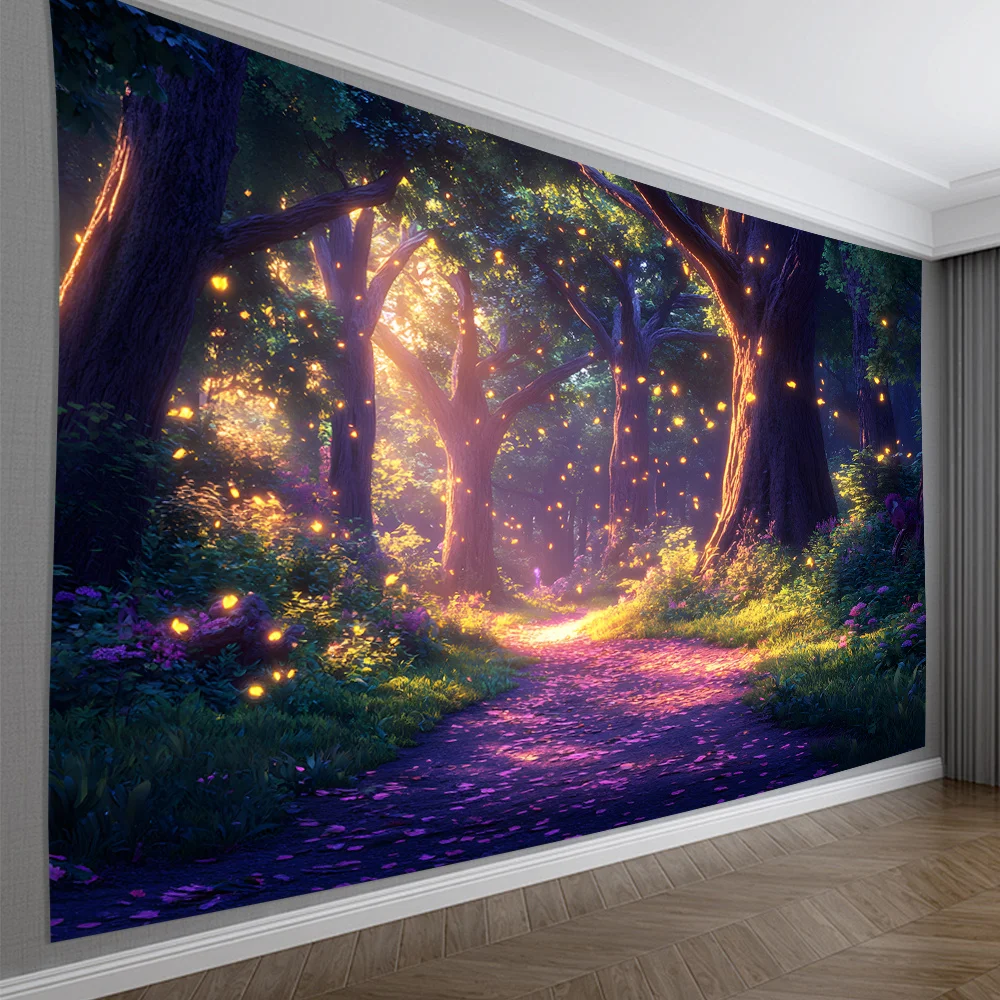Enchanted Forest Path Tapestry, Magical Glowing Fireflies and Purple Flowers Art Wall Hanging for Bedroom Living Room Decor