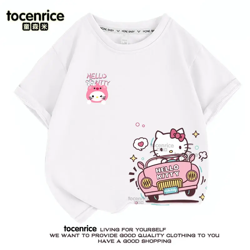 Kawaii Hello Kittys Cotton T-Shirt Girls Summer Sweet Korean Tops Student Loose Short Sleeve Casual Breathable Gifts for Kids