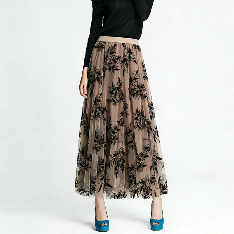 

Fashion Printed Multi-layer Mesh Chiffon Loose Mid Waist Elastic Elegant A-line Skirt For Women PY26018