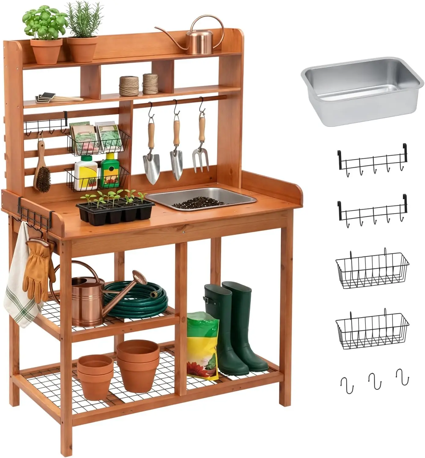 Modern Wooden Potting Bench Outdoor Potting Table With Stainless Steel Sink And Storage Shelves, Heavy Duty Garden Workstation Cabinet Table Furniture For Backyard Patio, Natural Wood