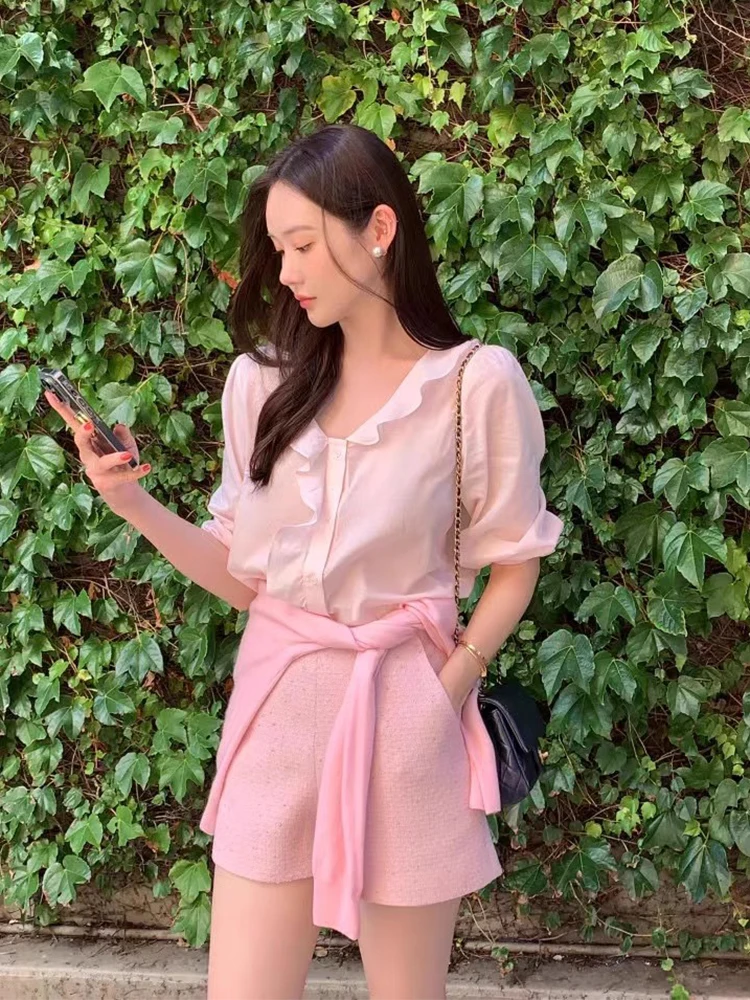 Chique lente zomer lang Sve V-Ne enkele knop casual losse veelzijdige kanten rand irt top anti-aging faion dames clo...