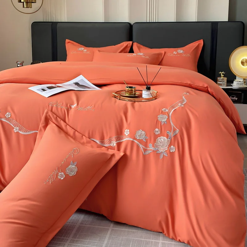 

Комплект постельного белья из длинного степлера и хлопка, набор из четырех предметов, простой, роскошный, плотный, матовый однотонный пододеяльник с вышивкой